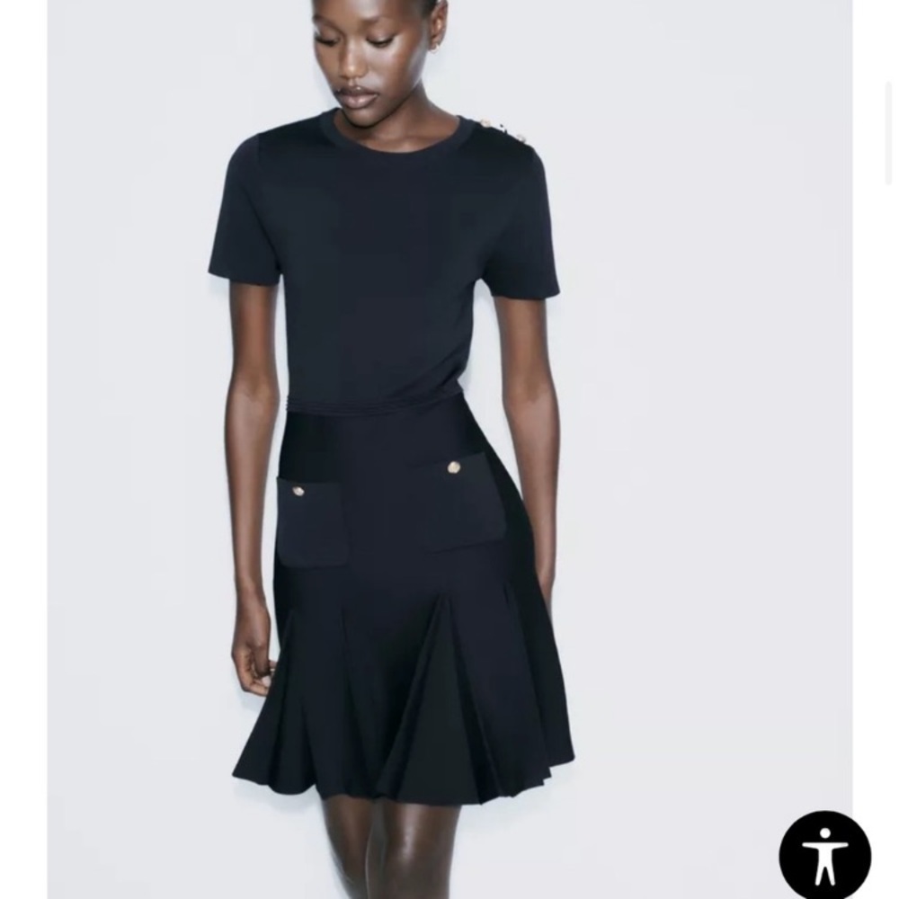 Zara NWT Navy stretch knit mini dress Box pleat skirt gold accent buttons XS